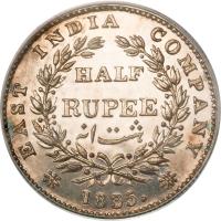 reverse of 1/2 Rupee - William IV (1835) coin with KM# 449 from India. Inscription: EAST INDIA COMPANY HALF RUPEE 1835.