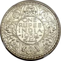 India coin 1 Rupee - George VI (1938 - 1939) reverse reverse of 1 Rupee - George VI (1938 - 1939) coin with KM# 555 from India. Inscription: ONE RUPEE INDIA 1939