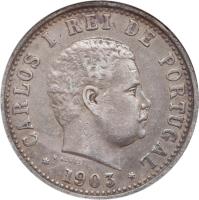 India coin 1 Rupia - Carlos I - Mumbai mint (1903 - 1904) obverse obverse of 1 Rupia - Carlos I - Mumbai mint (1903 - 1904) coin with KM# 17 from India. Inscription: CARLOS I REI DE PORTUGAL 1903