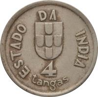 reverse of 4 Tangas (1934) coin with KM# 21 from India. Inscription: ESTADO DA INDIA 4 TANGAS