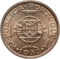 reverse of 1 Rupia (1952) coin with KM# 29 from India. Inscription: REPUBLICA · PORTUGUESA · 1952 ·