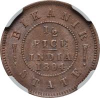 Indian States coin 1/2 Pice - Victoria / Ganga Singh (1894) reverse reverse of 1/2 Pice - Victoria / Ganga Singh (1894) coin with KM# 70 from Indian States. Inscription: BIKANIR 1/2 PICE INDIA 1894 STATE
