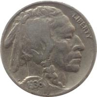 obverse of 5 Cents - Buffalo Nickel; Flat ground (1913 - 1938) coin with KM# 134 from United States. Inscription: LIBERTY 1936 F