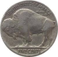United States coin 5 Cents - Buffalo Nickel; Flat ground (1913 - 1938) reverse reverse of 5 Cents - Buffalo Nickel; Flat ground (1913 - 1938) coin with KM# 134 from United States. Inscription: UNITED · STATES · OF · AMERICA E PLURIBUS UNUM FIVE CENTS