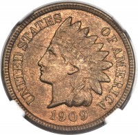 obverse of 1 Cent - Indian Head Cent (1864 - 1964) coin with KM# 90a from United States. Inscription: UNITED STATES OF AMERICA LIBERTY 1909