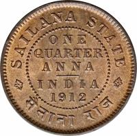 Indian States coin 1/4 Anna - George V (1912) reverse reverse of 1/4 Anna - George V (1912) coin with KM# 16 from Indian States. Inscription: SAILANA STATE ONE QUARTER ANNA INDIA 1912 सैलाना राज