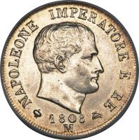 obverse of 2 Lire - Napoleon I (1807 - 1814) coin with C# 9 from Italian States. Inscription: NAPOLEONE IMPERATORE 1808