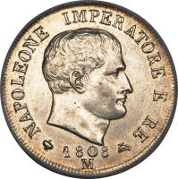Italian States coin 2 Lire - Napoleon I (1807 - 1814) obverse obverse of 2 Lire - Napoleon I (1807 - 1814) coin with C# 9 from Italian States. Inscription: NAPOLEONE IMPERATORE 1808