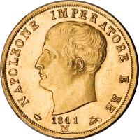 obverse of 40 Lire - Napoleon I (1807 - 1814) coin with KM# 12 from Italian States. Inscription: NAPOLEONE IMPERATORE E RE