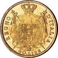 reverse of 40 Lire - Napoleon I (1807 - 1814) coin with KM# 12 from Italian States. Inscription: REGNO D'ITALIA 40.LIRE
