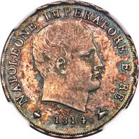 obverse of 15 Soldi - Napoleon I (1808 - 1814) coin with C# 7 from Italian States. Inscription: NAPOLEONE IMPERATORE E RE 1814