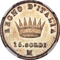 Italian States coin 15 Soldi - Napoleon I (1808 - 1814) reverse reverse of 15 Soldi - Napoleon I (1808 - 1814) coin with C# 7 from Italian States. Inscription: REGNO D´ITALIA 15. SOLDI M