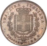 reverse of 1 Lira - Vittorio Emanuele I (1859 - 1860) coin with KM# 9 from Italian States. Inscription: UNA LIRA ITALIANA · FIRENZE 1860 ·