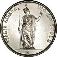 obverse of 5 Lire (1848) coin with C# 22 from Italian States. Inscription: ITALIA LIBERA DIO LO VUOLE M