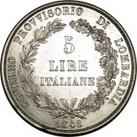 reverse of 5 Lire (1848) coin with C# 22 from Italian States. Inscription: GOVERNO PROVVISORIO DI LOMBARDIA 5 LIRE ITALIANE 1848