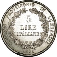 Italian States coin 5 Lire (1848) reverse reverse of 5 Lire (1848) coin with C# 22 from Italian States. Inscription: GOVERNO PROVVISORIO DI LOMBARDIA 5 LIRE ITALIANE 1848