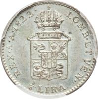 reverse of 1/4 Lira - Franz I (1822 - 1824) coin with C# 4 from Italian States. Inscription: LOMB · ET VEN · REX · A · A · 1823 · 1/4 LIRA