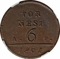Italian States coin 6 Tornesi - Ferdinando IV (1799 - 1803) reverse reverse of 6 Tornesi - Ferdinando IV (1799 - 1803) coin with KM# 229 from Italian States. Inscription: TOR NESI A. 6 P. 1801