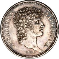 obverse of 5 Lire - Joachim Murat (1812 - 1813) coin with KM# 259 from Italian States. Inscription: GIOACCHINO NAPOLEONE 1816