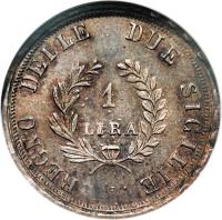 reverse of 1 Lira - Joachim Murat (1812 - 1813) coin with KM# 257 from Italian States. Inscription: 1 LIRA REGNO DELLE DUE SIGILIE ·