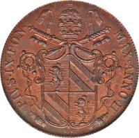 Italian States coin 1 Baiocco - Pius IX (1846 - 1849) obverse obverse of 1 Baiocco - Pius IX (1846 - 1849) coin with KM# 1339 from Italian States. Inscription: PIVS · IX · PON · MAX · ANNO · I ·