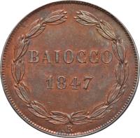 reverse of 1 Baiocco - Pius IX (1846 - 1849) coin with KM# 1339 from Italian States. Inscription: BAIOCCO 1848 R