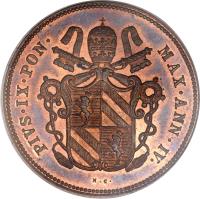 Italian States coin 2 Baiocchi - Pius IX (1850 - 1854) obverse obverse of 2 Baiocchi - Pius IX (1850 - 1854) coin with KM# 1344 from Italian States. Inscription: PIVS · IX · PON · MAX · ANN · IV ·
