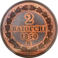 Italian States coin 2 Baiocchi - Pius IX (1850 - 1854) reverse reverse of 2 Baiocchi - Pius IX (1850 - 1854) coin with KM# 1344 from Italian States. Inscription: 2 BAIOCCHI 1850 R