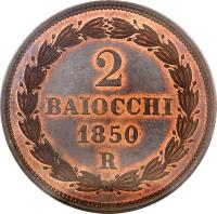 reverse of 2 Baiocchi - Pius IX (1850 - 1854) coin with KM# 1344 from Italian States. Inscription: 2 BAIOCCHI 1850 R