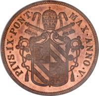 obverse of 5 Baiocchi - Pius IX (1850 - 1854) coin with KM# 1356 from Italian States. Inscription: PIVS · IX · PONT · MAX · ANNO · V ·