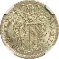 obverse of 10 Baiocchi - Pius IX (1858 - 1864) coin with KM# 1342b from Italian States. Inscription: PIVS · IX · PONT · MAX · A · XIX ·