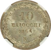 reverse of 10 Baiocchi - Pius IX (1858 - 1864) coin with KM# 1342b from Italian States. Inscription: 10 BAIOCCHI 1864 R