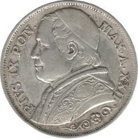obverse of 2 Lire - Pius IX (1866 - 1870) coin with KM# 1379 from Italian States. Inscription: PIVS IX PON · MAX · A · XXII