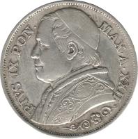 Italian States coin 2 Lire - Pius IX (1866 - 1870) obverse obverse of 2 Lire - Pius IX (1866 - 1870) coin with KM# 1379 from Italian States. Inscription: PIVS IX PON · MAX · A · XXII