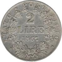 reverse of 2 Lire - Pius IX (1866 - 1870) coin with KM# 1379 from Italian States. Inscription: * STATO * PONTIFICIO * 2 LIRE 1867 R
