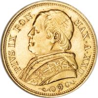 obverse of 20 Lire - Pius IX (1866 - 1870) coin with KM# 1382 from Italian States. Inscription: PIVS IX PON · MAX · A · XXII