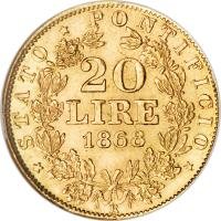 reverse of 20 Lire - Pius IX (1866 - 1870) coin with KM# 1382 from Italian States. Inscription: * STATO * PONTIFICIO * 20 LIRE 1866