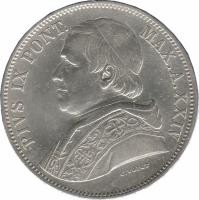 obverse of 5 Lire - Pius IX (1867 - 1870) coin with KM# 1385 from Italian States. Inscription: PIUS IX PONT. MAX.A.XXV C.VOIGT