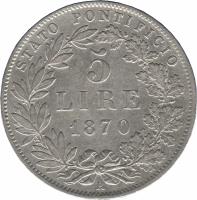 reverse of 5 Lire - Pius IX (1867 - 1870) coin with KM# 1385 from Italian States. Inscription: STATO PONTIFICIO 5 LIRE 1870 R