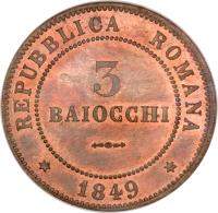 Italian States coin 3 Baiocchi (1849) reverse reverse of 3 Baiocchi (1849) coin with KM# 23 from Italian States. Inscription: REPUBBLICA ROMANA 3 BAIOCCHI * 1849 *