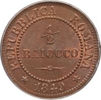 Italian States coin 1/2 Baiocco (1849) reverse reverse of 1/2 Baiocco (1849) coin with KM# 21 from Italian States. Inscription: REPUBBLICA ROMANA ½ BAIOCCO * 1849 *