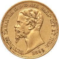 obverse of 20 Lire - Vittorio Emmanuele II (1850 - 1861) coin with KM# 146 from Italian States. Inscription: VICTORIVS EMMANVEL II · D · G · REX SARD · CYP · ET HIER · 1859