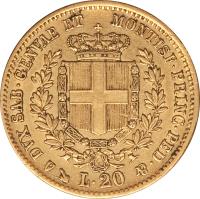 reverse of 20 Lire - Vittorio Emmanuele II (1850 - 1861) coin with KM# 146 from Italian States. Inscription: DVX SAB · GENVAE ET MONTISF · PRINC · PED · & L.20