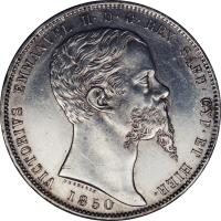obverse of 5 Lire - Vittorio Emmanuele II (1850 - 1861) coin with KM# 144 from Italian States. Inscription: VICTORIVS EMMANUEL II.D.G.REX SARD.CYP.ET HIER.