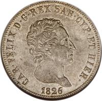 obverse of 5 Lire - Carlo Felice (1821 - 1831) coin with KM# 116 from Italian States. Inscription: CAR · FELIX D · G · REX SAR · CYP · ET HIER · 1821