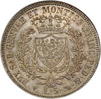 Italian States coin 5 Lire - Carlo Felice (1821 - 1831) reverse reverse of 5 Lire - Carlo Felice (1821 - 1831) coin with KM# 116 from Italian States. Inscription: DVX SAB · GENVAE ET MOTISF · PRING · PED · & · L · 5 ·