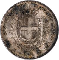 reverse of 1 Lira - Vittorio Emanuele II (1850 - 1860) coin with KM# 142 from Italian States.