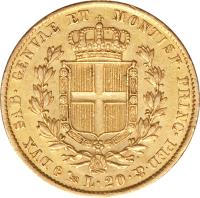 Italian States coin 20 Lire - Carlo Alberto (1831 - 1849) reverse reverse of 20 Lire - Carlo Alberto (1831 - 1849) coin with KM# 131 from Italian States. Inscription: DVX SAB.GENVAE ET MONTISF.PRINC.PED.&. L.20