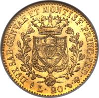 reverse of 20 Lire - Carlo Felice (1821 - 1831) coin with KM# 118 from Italian States.
