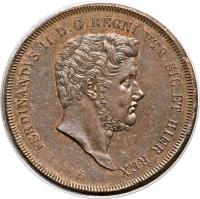 Italian States coin 10 Tornesi - Ferdinando II - 2'nd Portrait (1839 - 1851) obverse obverse of 10 Tornesi - Ferdinando II - 2'nd Portrait (1839 - 1851) coin with KM# 331 from Italian States. Inscription: * FERDINANDVS II.D.G.REGNI VTR.SIC.ET HIER.REX